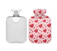 Waassud Bright Red Hearts - Botella de agua caliente con funda suave, bolsa de agua caliente para aliviar el dolor, almohadilla térmica de agua de 2 litros para cuello y hombro, pequeña