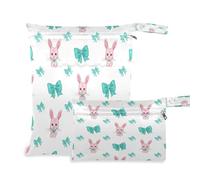 Waassud Conejitos con lazos de color verde azulado, bolsa reutilizable para mojado y seco, organizador de pañales con 2 bolsillos con cremallera para traje de baño, ropa de gimnasio