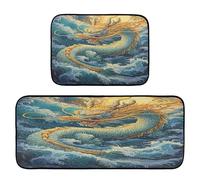 Waassud Dragon on The Sea - Juego de 2 tapetes de cocina ultra suaves y absorbentes para encimera de lavabo de baño