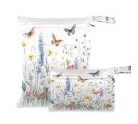 Waassud Encantadora bolsa húmeda y seca con diseño de flores y mariposas, reutilizable, organizador de pañales con 2 bolsillos con cremallera para traje de baño, ropa de gimnasio, multicolor, Talla