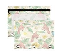Waassud Estuche para lápices de tucanes tropicales para carpeta de 3 anillas, paquete de 2 estuches transparentes con agujeros reforzados, cremallera suave, impermeable, organizador de suministros