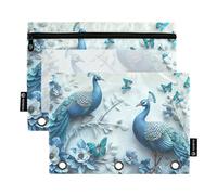 Waassud Estuche transparente para lápices de 3 anillas, con cremallera, color azul pavo real, paquete de 2, multicolor, one sizex2