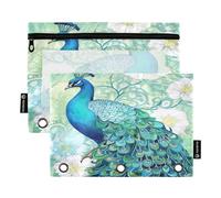 Waassud Estuche transparente para lápices de 3 anillas, con cremallera, diseño de pavo real, acuarela, paquete de 2, multicolor, one sizex2