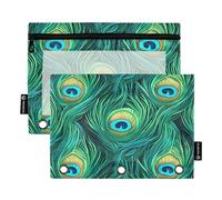 Waassud Estuche transparente para lápices de 3 anillas, con cremallera, plumas de pavo real, paquete de 2, multicolor, one sizex2