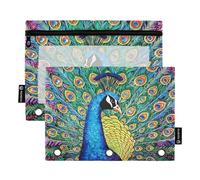 Waassud Estuche transparente para lápices de 3 anillas, con cremallera suave, diseño de pavo real, paquete de 2, multicolor, one sizex2