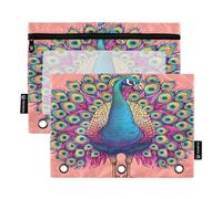 Waassud Estuche transparente para lápices de 3 anillas, con cremallera suave, diseño de pavo real, paquete de 2, multicolor, one sizex2