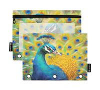 Waassud Estuche transparente para lápices de 3 anillas, con cremallera suave, diseño de pavo real vibrante, paquete de 2, multicolor, one sizex2