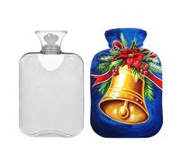 Waassud Golden Christmas Bells - Botella de agua caliente con cubierta suave, bolsa de agua caliente para aliviar el dolor, almohadilla térmica de agua de 2 L, para cuello y hombro, pequeña