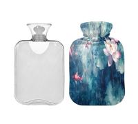 Waassud Lotus and Fish - Botella de agua caliente con cubierta suave, bolsa de agua caliente para aliviar el dolor, almohadilla térmica de agua de 2 L, para cuello y hombro, tamaño mediano