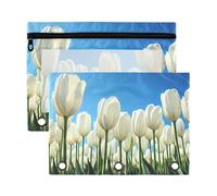 Waassud Tulip Sunny - Estuche para lápices de 3 anillas, paquete de 2 estuches transparentes con agujeros reforzados, cremallera suave, impermeable, organizador de suministros escolares y de oficina