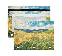 Waassud Van Gogh's Fields - Estuche para lápices de 3 anillas, paquete de 2 estuches transparentes con agujeros reforzados, cremallera suave, impermeable, organizador de suministros escolares y de