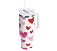 Waassud Vaso de corazones rojos sólidos con asa y pajilla, taza aislada a prueba de fugas, botella de agua de acero inoxidable, taza de café, regalo de viaje para mujeres, 40 onzas
