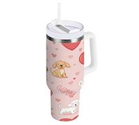 Waassud Vaso de San Valentín con diseño de corazones con asa y pajilla, a prueba de fugas, botella de agua de acero inoxidable, taza de café, taza de viaje para mujer, 40 onzas