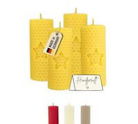 Wachsmann Juego de 4 velas de Adviento, 100% cera de abejas, enrolladas a mano, fabricadas en Alemania, color amarillo con estrella, velas de cera de abejas con 6 horas de combustión, velas para