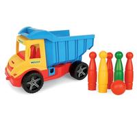 Wader 32220 - Camión volquete múltiple con contenedor con Cerradura y Juego de Bolos Incl. Pelota, para niños a Partir de 12 Meses, Adecuado como Regalo para Juegos creativos