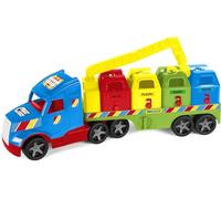 Wader 36321 - Magic Truck Vehículo de Reciclaje con Cuatro contenedores, grúa y Faros Luminosos, tamaño Aprox. 79 cm, para niños a Partir de 3 años, Regalo para Juegos creativos