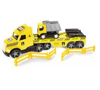 Wader 36421 - Magic Truck Camión de Plataforma Baja con volquete, barreras y rampas, tamaño Aprox. 79 cm, para niños a Partir de 3 años, Juegos creativos