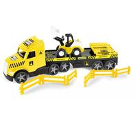 Wader 36431 - Camión mágico Low Loader con Excavadora, barreras y Faros iluminados, tamaño Aprox. 79 cm, para niños a Partir de 3 años, Adecuado como Regalo para Juegos creativos