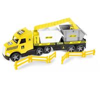 Wader 36471 - Camión mágico de Plataforma Baja con contenedores de construcción, grúa, barreras y Faros iluminados, tamaño Aprox. 79 cm, para niños a Partir de 3 años, Regalo para Juegos creativos