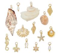 WADORN 14 estilos 18 quilates chapado en oro playa océano colgante mar animal colgante concha concha perla caballito de mar tortuga estrella de mar encantos con cinta individual para collar pulseras
