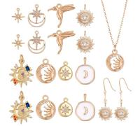 WADORN 16pcs 8 estilos colgantes mal de ojo chapados en oro de 18 K, colgantes en forma de luna, estrella y sol de circonita cúbica, colgantes en forma de colibrí de latón, colgantes colgantes,