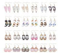 WADORN 24 pares de bonitos aretes colgantes de gato, ligeros, de aleación estética kawaii, divertidos gatitos de dibujos animados para mujeres, aretes estéticos de animales con diseño floral de taza