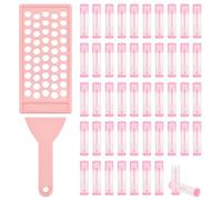 WADORN 50 tubos vacíos de bálsamo labial con bandeja y espátula, 6,7 x 1,7 cm, botellas de plástico rosa para hacer brillo de labios, organizador de perfume de aceite esencial