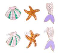 WADORN Juego de 3 pares de aretes de tuerca de playa para mujer, bonitos aretes de aleación dorada con diseño de estrella de mar y sirena divertidos con temática oceánica, joyería de verano para playa