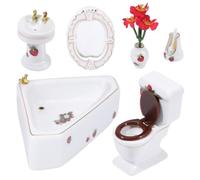WADORN Juego de 6 piezas de porcelana para casa de muñecas a escala 1:12, muebles en miniatura blancos con inodoro de cerámica, lavabo, columna, cepillo para espejo para casa de muñecas, colección de