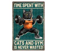 WADORN Letrero de metal con texto en inglés "Time Spent with Cats and Gym is Never Wasted", divertido cartel de metal motivacional retro para amantes de los gatos, entusiastas del fitness, 7.87 x