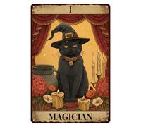 WADORN Letrero de metal de tarot de gato, 7.8 x 11.8 pulgadas, divertido retro, cafeterías, pubs, bares, hogar, letrero vintage de arte de tarot mago, sombrero de gato, decoración para el hogar, club