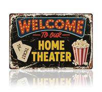 WADORN Letrero de metal vintage con texto en inglés "Welcome to Our Home Theater", 8 x 12 pulgadas, letrero de arte retro divertido con temática de teatro, decoración de pared, placa de regalo para