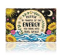 WADORN Letrero de metal vintage de energía positiva, 20,3 x 30,5 cm, con texto en inglés "Please Be Mindful of the Energy You Bring Into This Space", letrero de arte retro divertido para sala de yoga