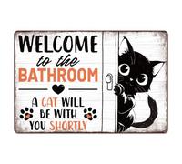 WADORN Letrero de metal vintage para baño de gato, 7.9 x 11.8 pulgadas, con texto en inglés "Welcome To The Bathroom A Cat Will Be With You Short", letrero retro para pared, divertido diseño de