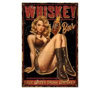 WADORN Letrero de metal vintage Pin Up Lady Whisky, 7.8 x 11.8 pulgadas, divertido letrero de lata retro para bar y cueva de hombre WHISKY BAR SAVE WATER DRINK WHISKEY Wall Art Poster Decoración para