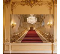 WADORN Lujoso telón de fondo para decoración de palacios, 4.3 x 6.6 pies, lámpara de araña dorada para iglesia, escalera, alfombra roja, telón de fondo para fiesta, edificios reales europeos, fondo de