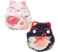 WADORN Monedero Maneki-neko de estilo japonés de 2 colores, 2 monederos de gato de la fortuna, mini bolsa con cremallera, estilo japonés, carteras de seda de gato de la suerte para llaves, estuche,