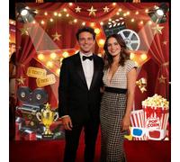 WADORN Telón de fondo para decoración de noche de cine, 5.9 x 6.6 pies, estrellas doradas, palomitas de maíz, telón de fondo de fotografía, accesorios para cumpleaños, carnaval, fiesta, suministros de