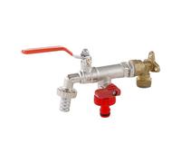 Wärmer System Grifo de jardín de doble salida + codo de placa de compresión para pared, 15 mm, latón, para