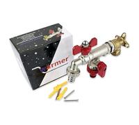 Wärmer System Grifo de jardín montado en la pared exterior con válvula de retención y accesorio de codo de placa de pared, (grifo de jardín con mango de mariposa de doble salida)