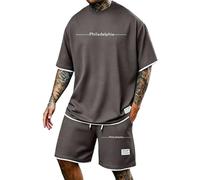 Waffle Conjunto Deportivo Hombre Verano Chándal Casual Corto Equipación 2 Piezas Top Cuello Redondo Pantalones Cortos con Cordón Ropa de Gimnasio Workout Conjuntos Estilo Callejero Set Pijama