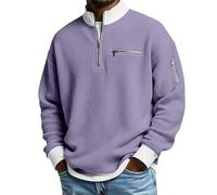 Waffle Henley Shirts for Men Half Zip Casual Mockneck Loose Sweatshirts with Pockets Solid Color Long Sleeve Pullover (Purple,3XL)