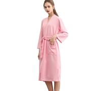 Waffle Pique Albornoz Mujer Largo, Bata Con Bolsillos Laterales Y Cinturón, Albornoz con Cuello de Pico, Bata de Casa de Color Sólido Acogedora Bathrobe Ligera, Rosa., M