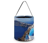 WAFICAC Bolsas de Halloween con asas y vista al mar de la isla de Santorini, cubos de dulces navideños, portátiles y reutilizables, bolsas de mano para recuerdos de fiesta de Halloween