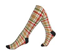 WAFICAC Calcetines de compresión navideños de tartán rojo escocés con diseño de jaula, hasta la pantorrilla y la rodilla, para mujeres y hombres.