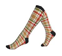 WAFICAC Calcetines de compresión navideños de tartán rojo escocés con diseño de jaula, hasta la pantorrilla y la rodilla, para mujeres y hombres.
