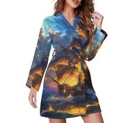 WAFICAC Preciosa Bata de Noche Suave de Manga Larga con cinturón para Mujer, Ligera, con diseño de acorazados