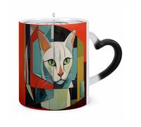 WAFICAC Taza de café térmica con diseño geométrico de gato de 325 ml con asa en forma de oreja, divertidas tazas de cerámica, tazas personalizadas y novedosas, ideal para hombres y mujeres.