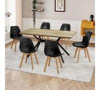 WAFTING Mesa Rectangular de Comedor con 6 Sillas Tapizadas, Juego de Mesa y Sillas para Comedor, Cocina y Salón (Mesa de Madera Clara + Sillas Negras)