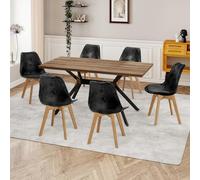 WAFTING Mesa Rectangular de Comedor con 6 Sillas Tapizadas, Juego de Mesa y Sillas para Comedor, Cocina y Salón (Mesa de Madera Oscura + Sillas Negras)